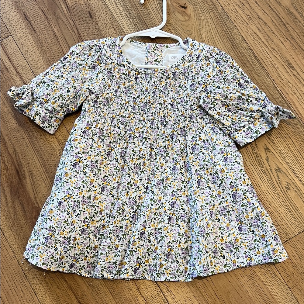 Zara Cream Floral Smocked girls dress with Purple & Yellow Flowers
